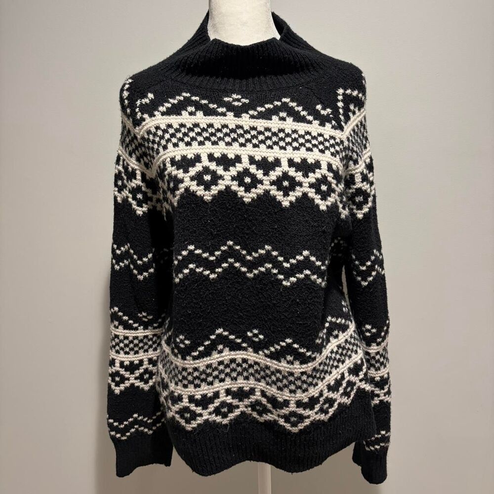 Old Navy Womens Fall Cozy Mock Neck Black White Patterned Sweater L